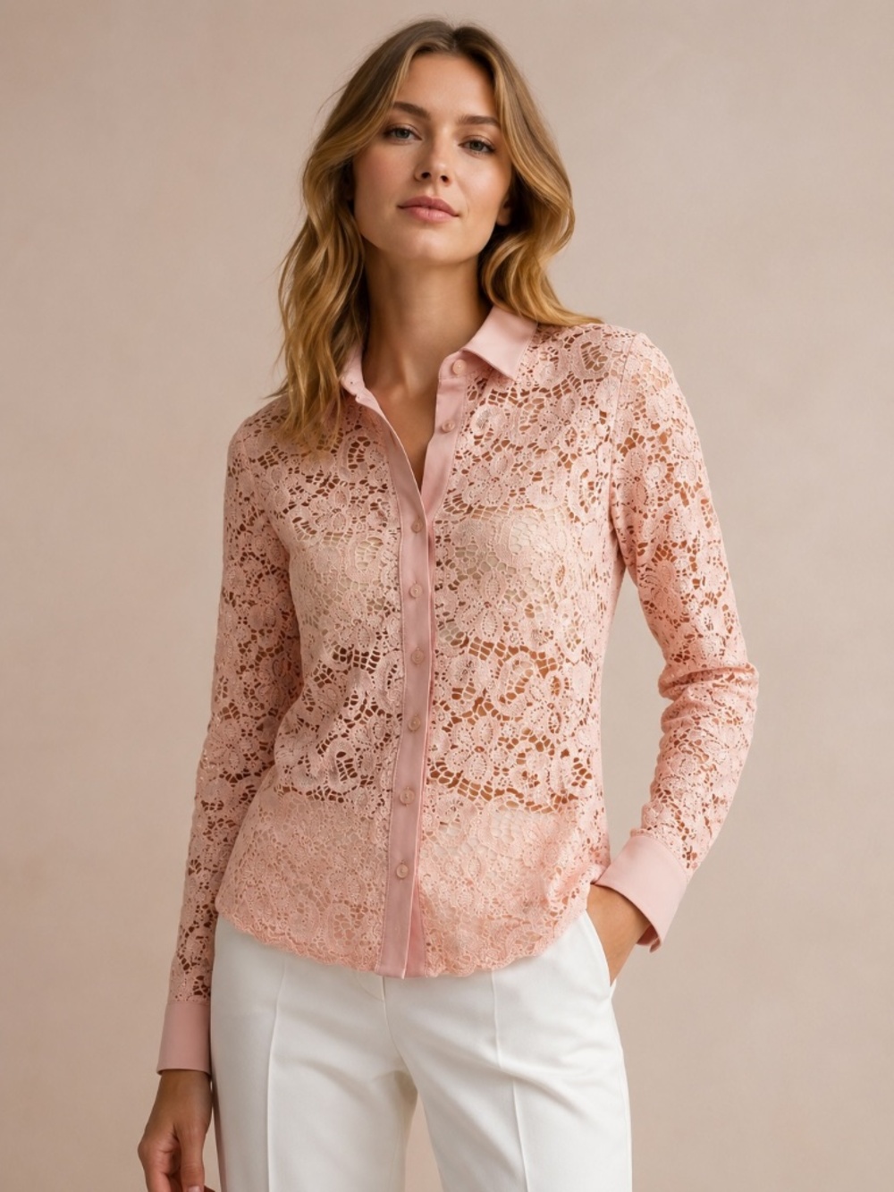 Anne Fontaine Melissa Blush Pink Floral Lace Button-Up Blouse - Size US 6-8